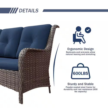 Wicker sofa armrest with dark blue back cushions, featuring an ergonomic graphic