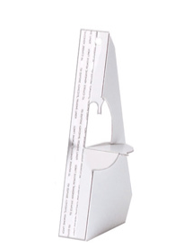Cardboard shelf easel stand with arched support and vertical sign slot, white