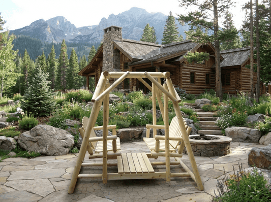 Natural wood patio double bench swing with two seats and swing frame