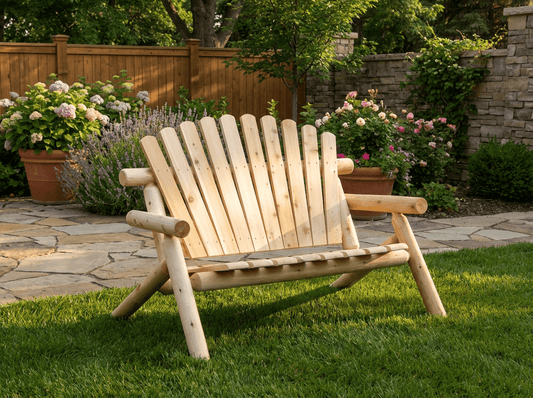 Outdoor wooden bench with slatted back and arms, light natural wood finish