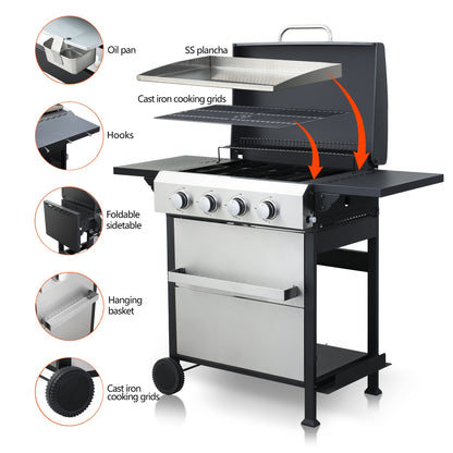 Propane gas BBQ grill open, showing SS plancha, cast iron cooking grates, and oil pan