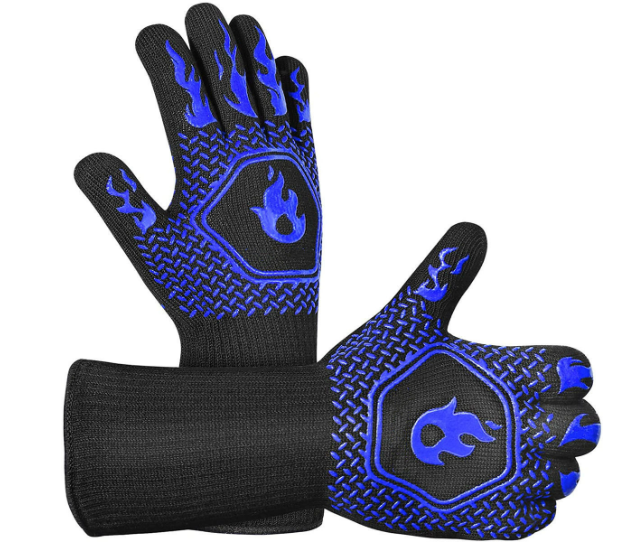 Blue-and-black flame-pattern BBQ oven mitts with silicone grip on palm and fingers