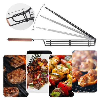 BBQ grilling basket with wooden handle and long flip lid, hinged wire cage