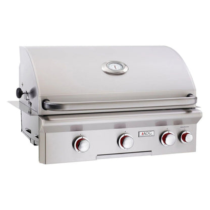 Stainless built-in gas grill with lid, thermometer, and four red control knobs