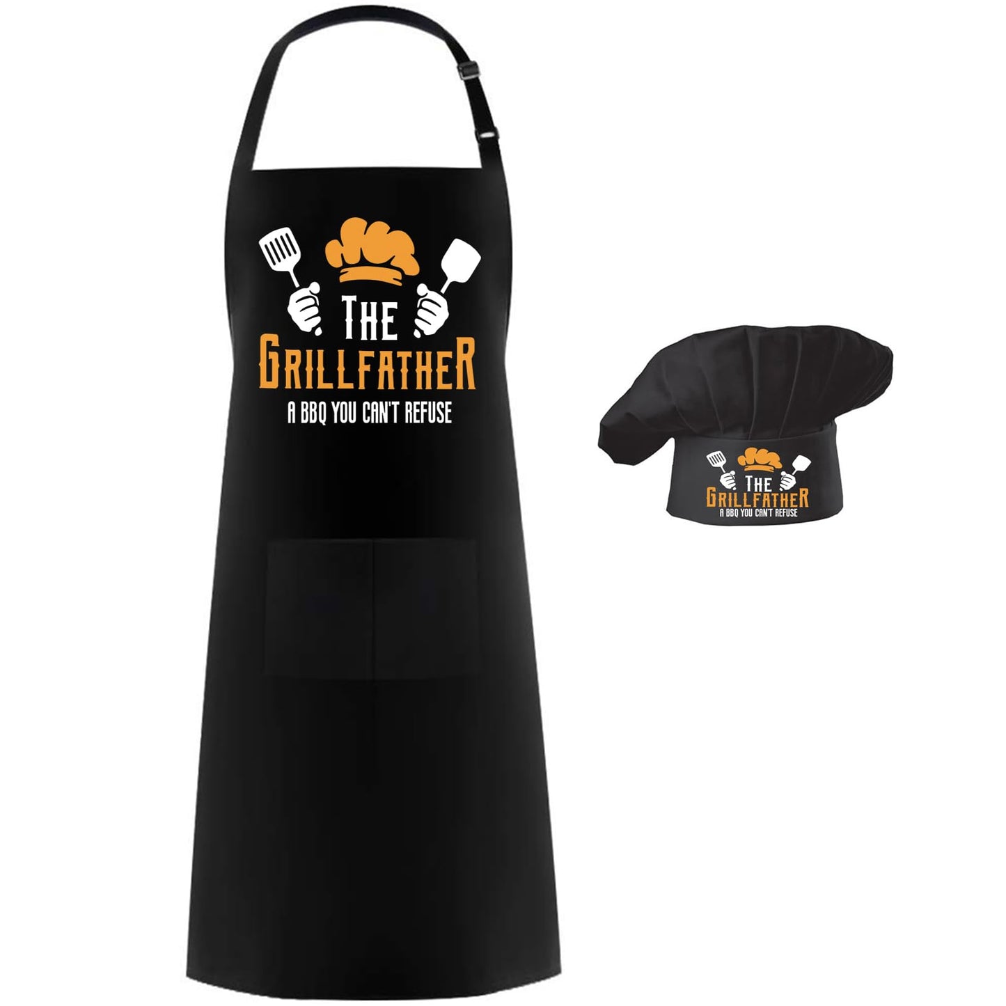 Black grill apron and chef hat set with “The Grill Father” logo and tools graphic