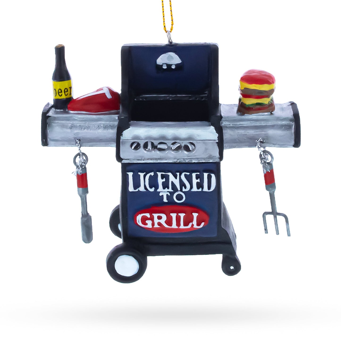 Black grill Christmas ornament with “Licensed to Grill” text