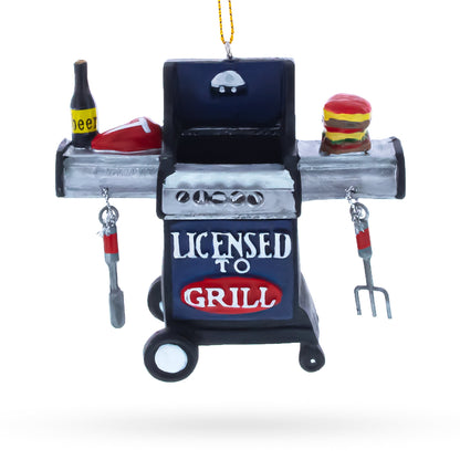 Black grill Christmas ornament with “Licensed to Grill” text