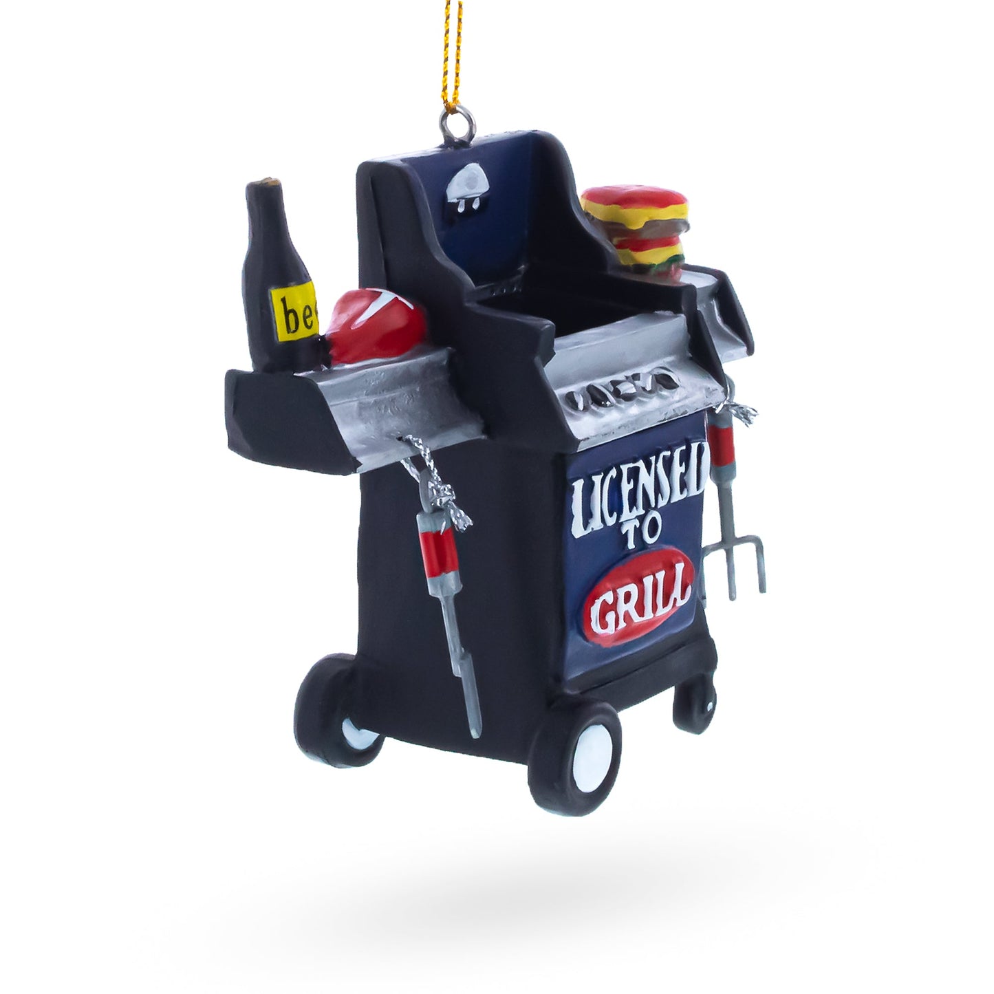 Angled black grill Christmas ornament with “Licensed to Grill” logo and tongs