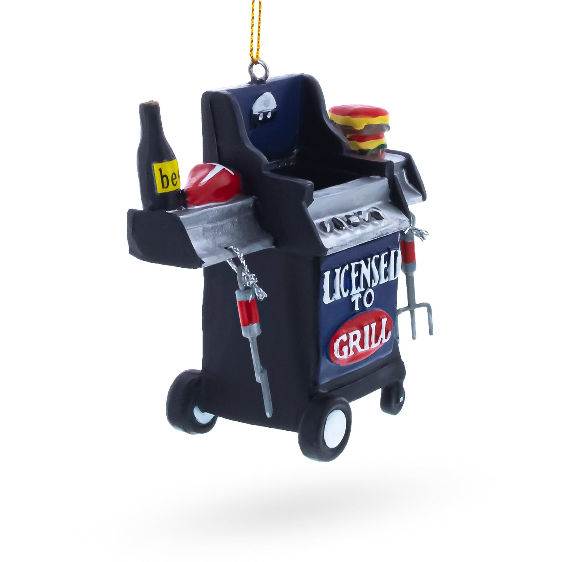 Angled black grill Christmas ornament with “Licensed to Grill” logo and tongs