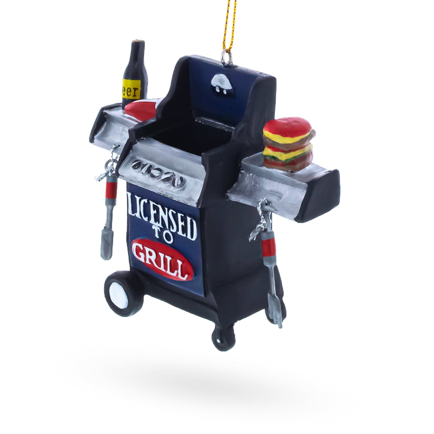 Side view black “Licensed to Grill” BBQ grill Christmas ornament with tools