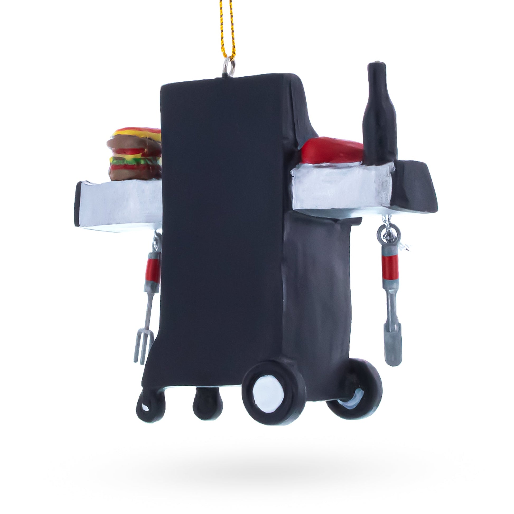 Back view black grill Christmas ornament with wheels and hanging loop