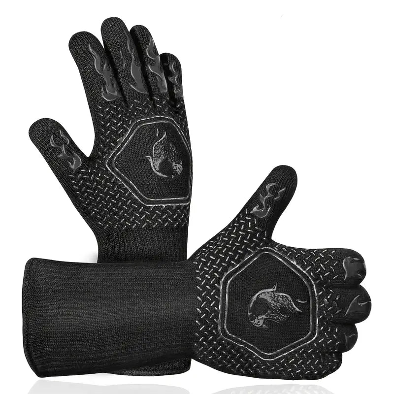 Black BBQ oven mitts with textured palm and flame emblem patch