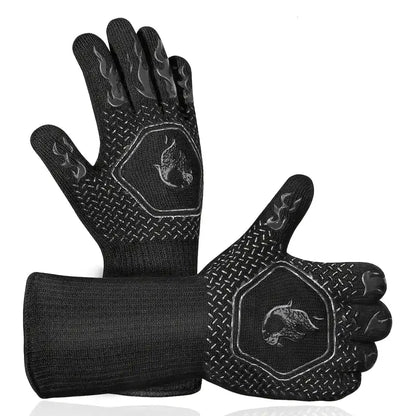 Black BBQ oven mitts with textured palm and flame emblem patch