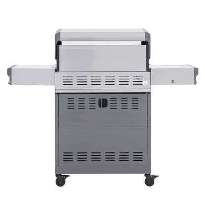Stainless gas grill with lid closed, front doors, and four caster wheels