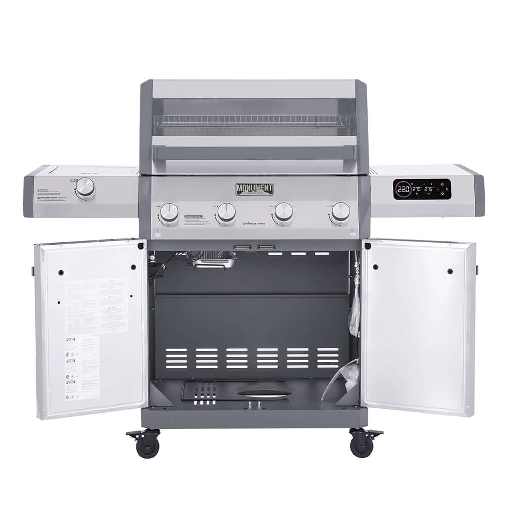 Stainless gas grill front with two side cabinets, control knobs, and burner area