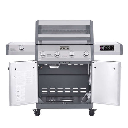 Stainless gas grill front with two side cabinets, control knobs, and burner area