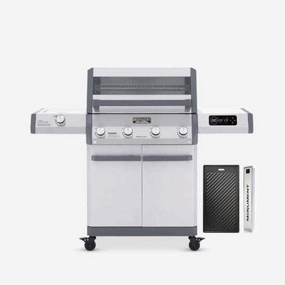 Stainless gas grill with removable smoker box insert on right side and front controls