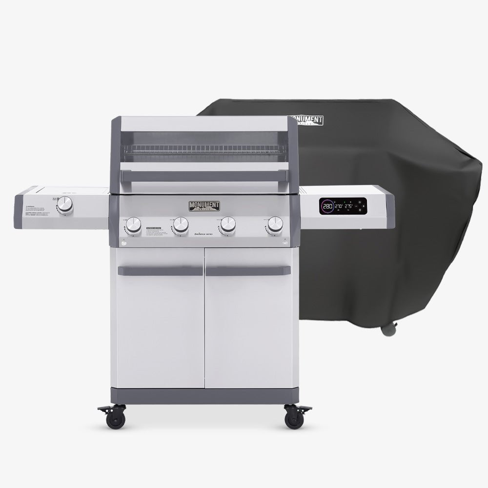 Stainless gas grill with black grill cover over hood and front control panel