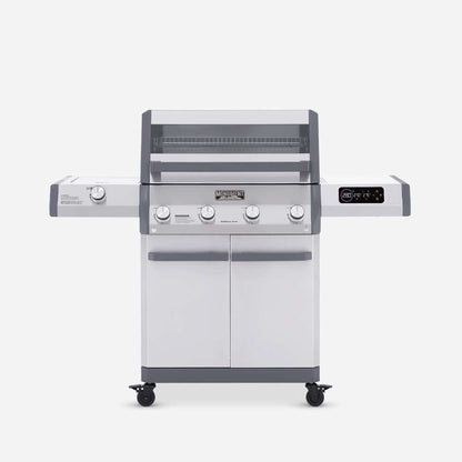 Stainless gas grill front view with control knobs, side shelves, and cabinet doors