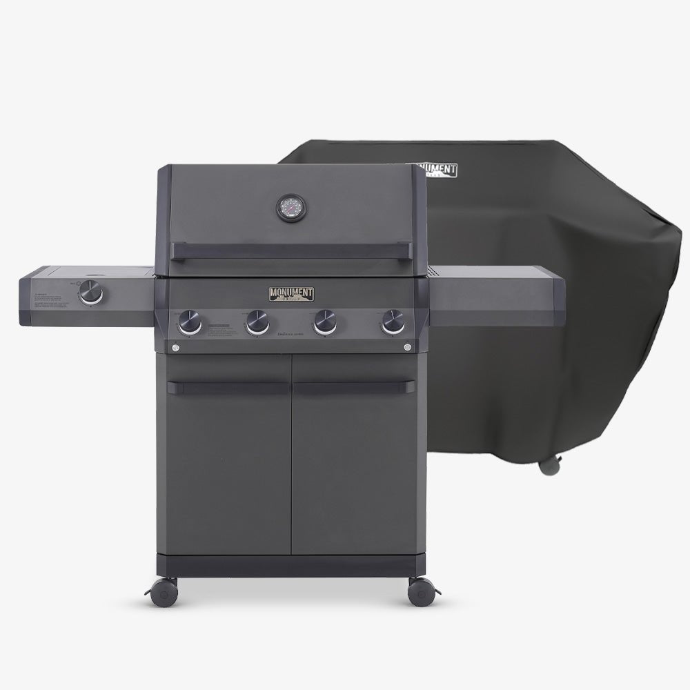 Propane gas grill with cover, side burners, and control knobs