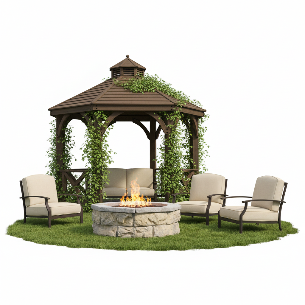 Limestone stone fire pit kit with circular rim and visible flames in center