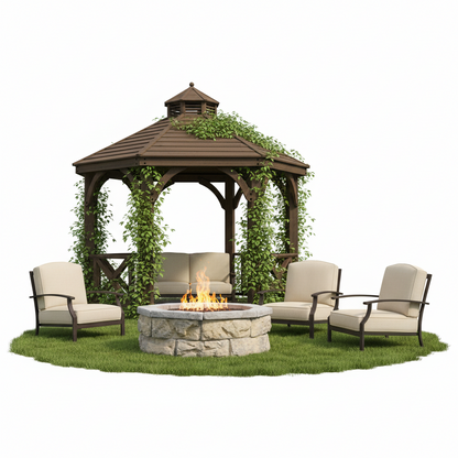 Limestone stone fire pit kit with circular rim and visible flames in center