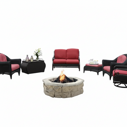 Circular limestone fire pit with open center and visible flames