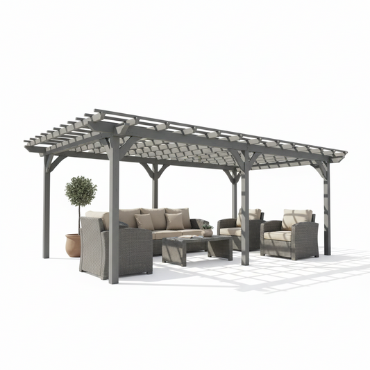 Gray wooden pergola with slatted roof and four posts, outdoor shade structure