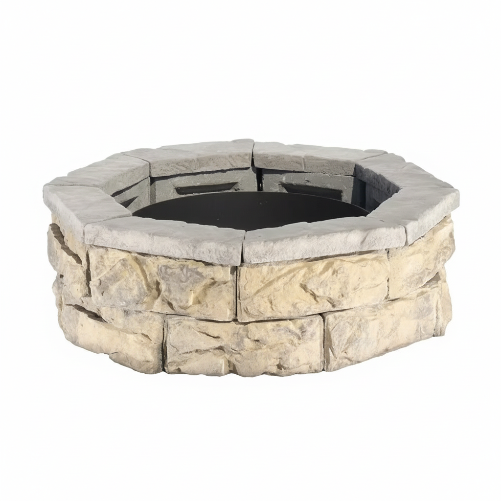 30 in limestone fire pit kit with stacked stone ring and open fire bowl