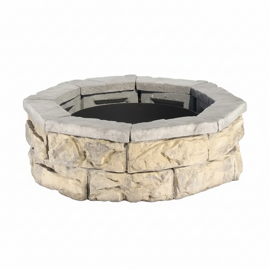 30 in limestone fire pit kit with stacked stone ring and open fire bowl