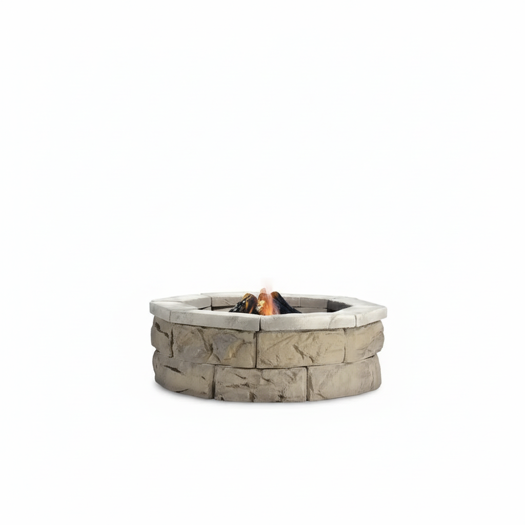 Limestone stone fire pit kit with circular rim and burning fire in center