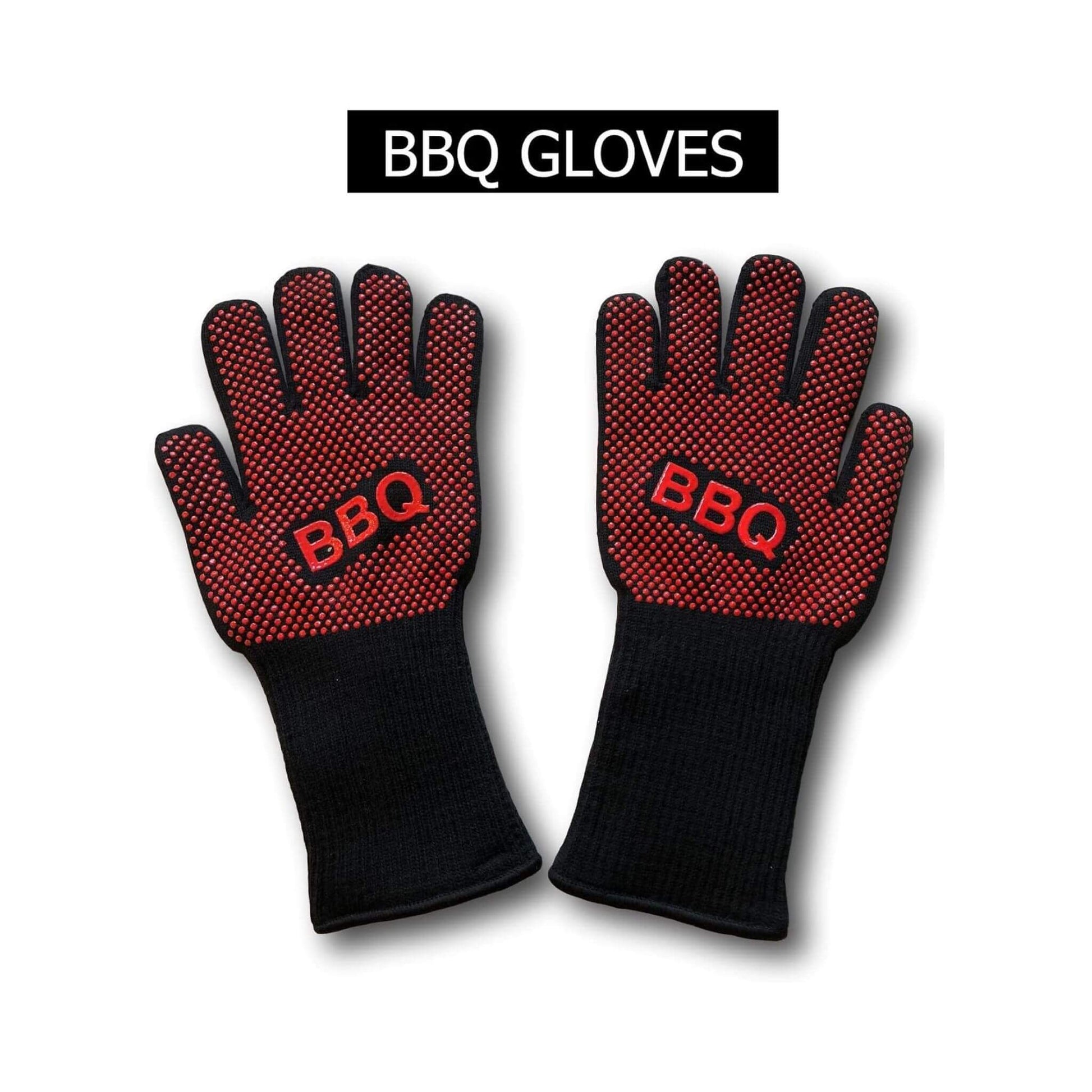 Pair of BBQ gloves with red grip dots and black knit wrist, BBQ logo