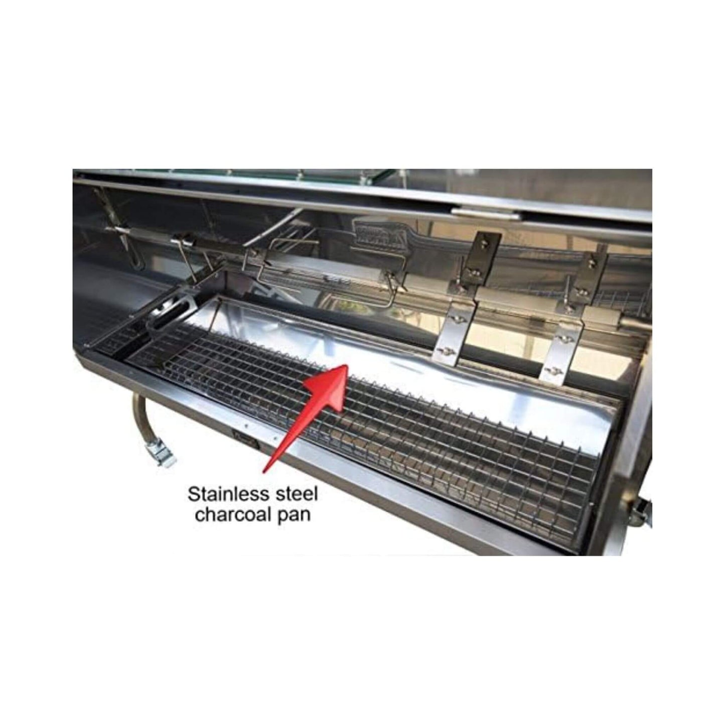 Stainless steel charcoal pan with cooking grate and rotisserie burner tray
