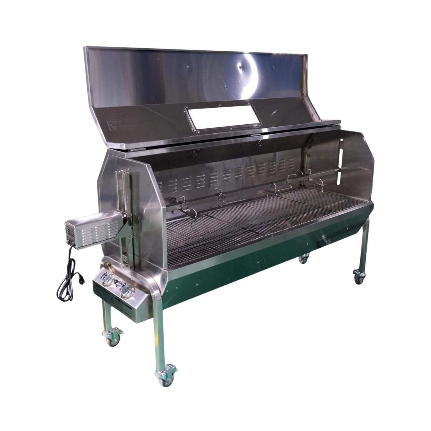 Stainless steel propane & charcoal rotisserie BBQ with lid, grates, and caster wheels