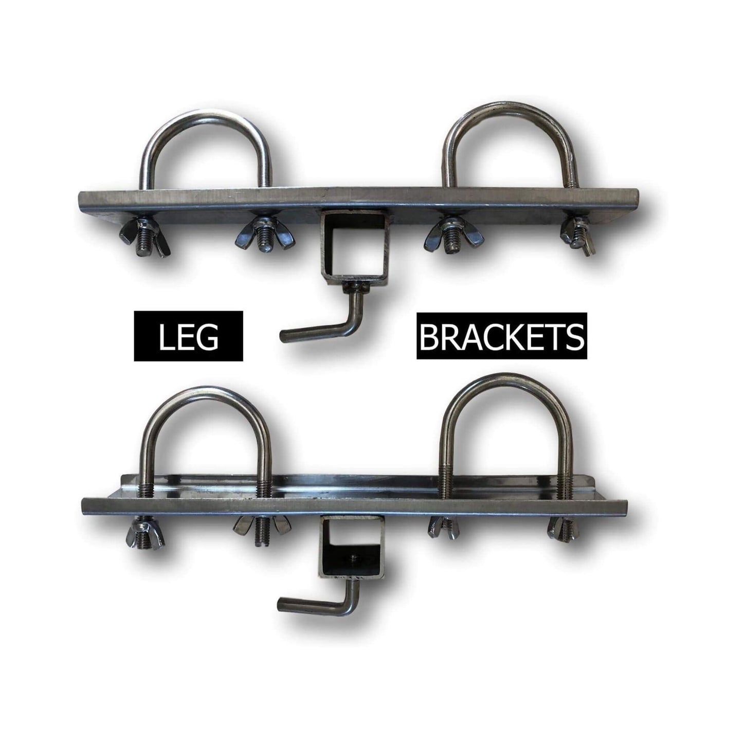 Stainless grill leg brackets and hooks assembly for mounting