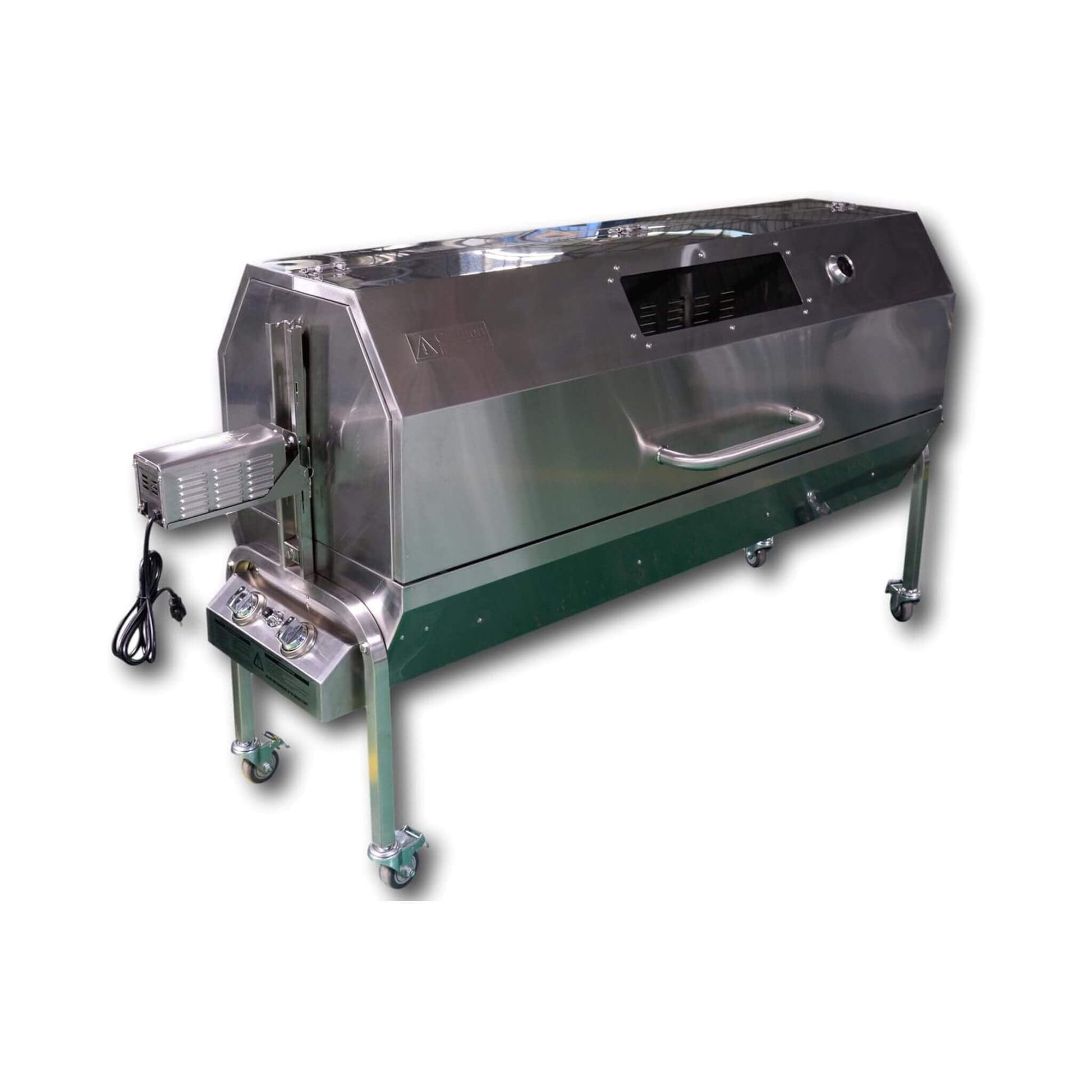 Stainless steel rotisserie BBQ with side control panel and caster base