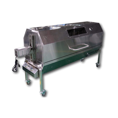 Stainless steel rotisserie BBQ with side control panel and caster base