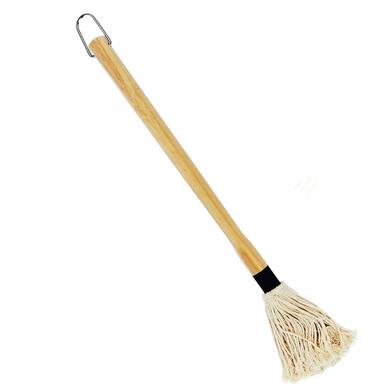 Grilling mop brush with light wood handle, cotton fringe head, and metal hanging hook