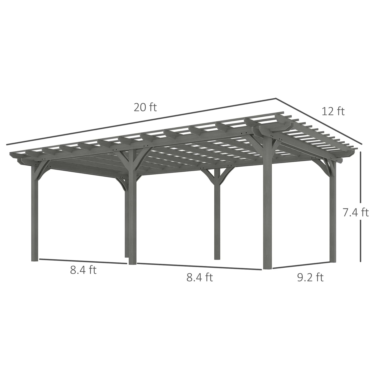 Gray wooden pergola with slatted roof, four corner posts, rectangular frame