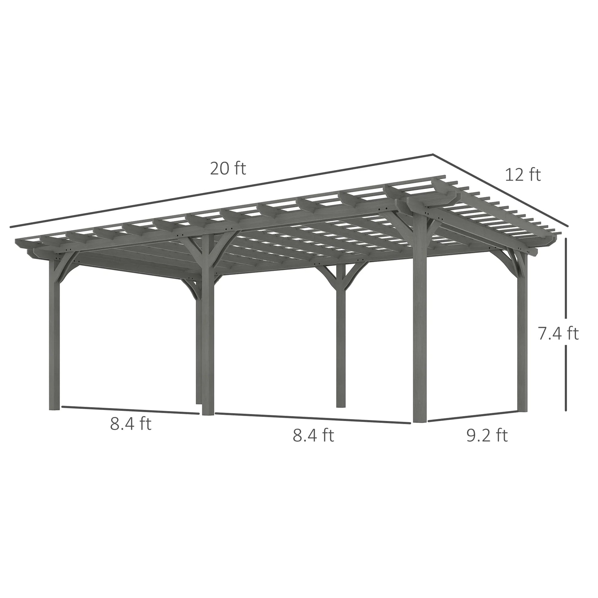 Gray wooden pergola with slatted roof, four corner posts, rectangular frame