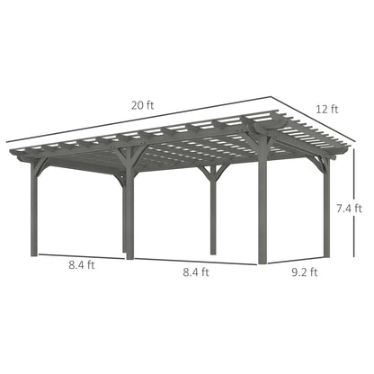 Gray wooden pergola with slatted roof, four corner posts, rectangular frame