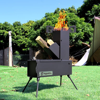Black folding wood-burning stove with firewood tray, front control panel, and tripod legs.