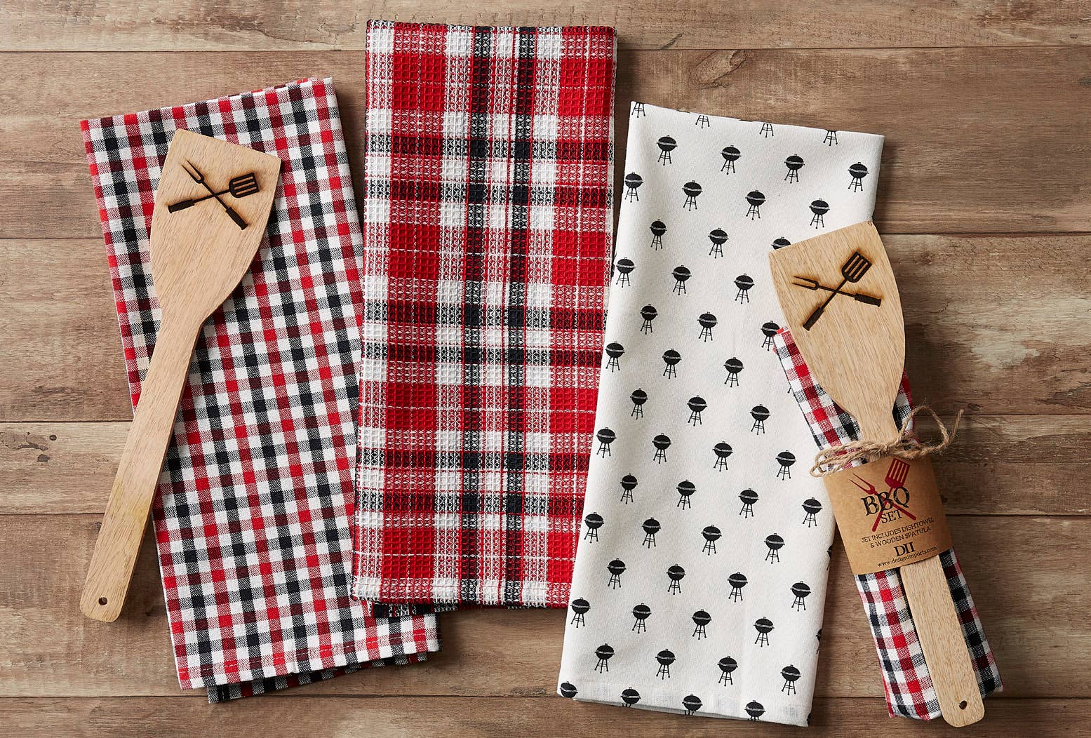 Wooden spatula and BBQ dishtowels, red/black checkered plus white grill icon print