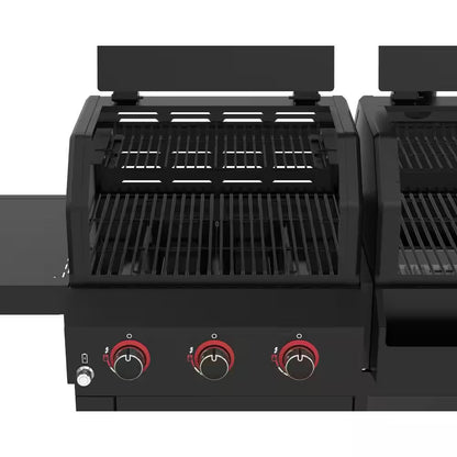 Open cooking chamber with stainless grates and three control knobs on the front panel