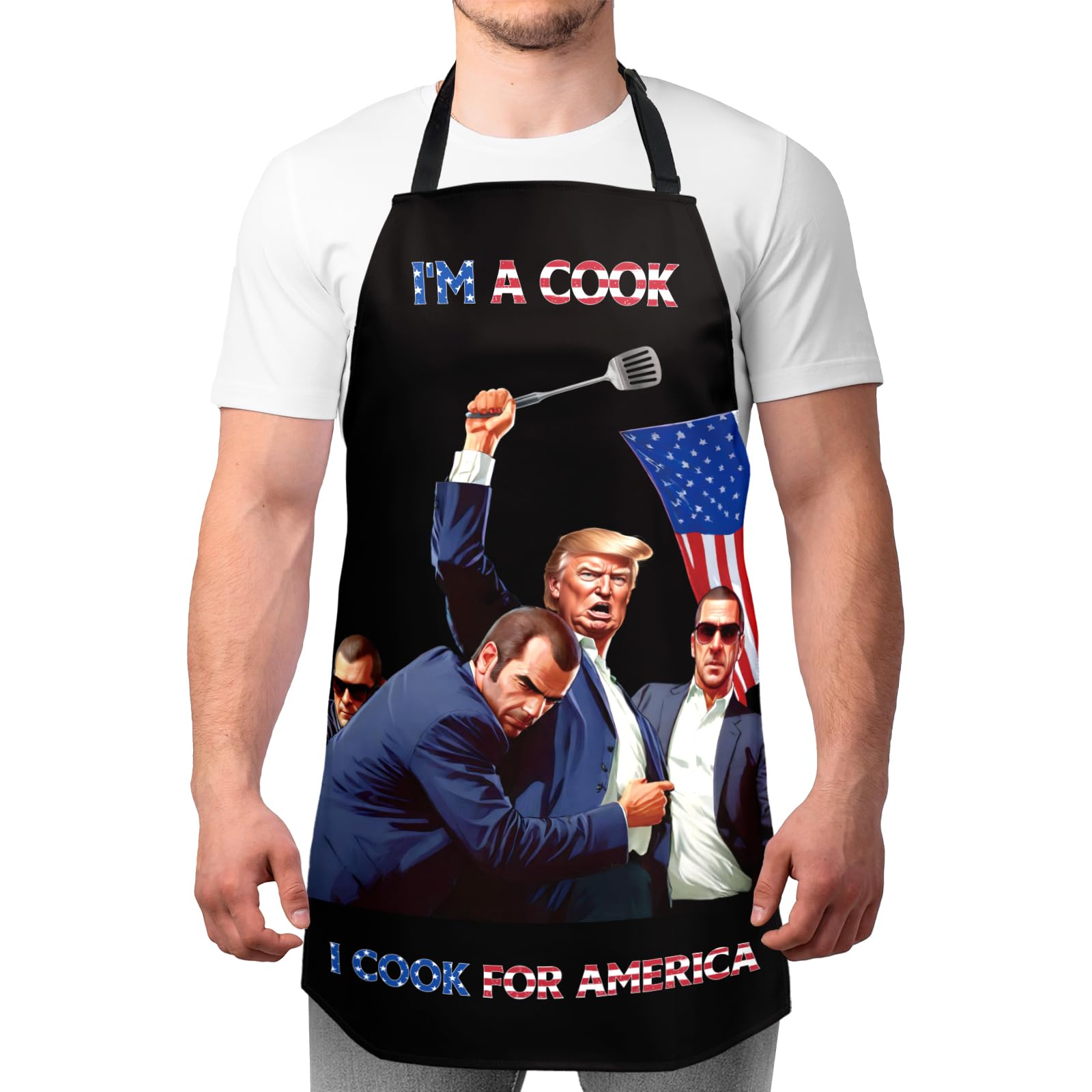 Black BBQ apron with wide straps and "I'm a cook" front graphic.