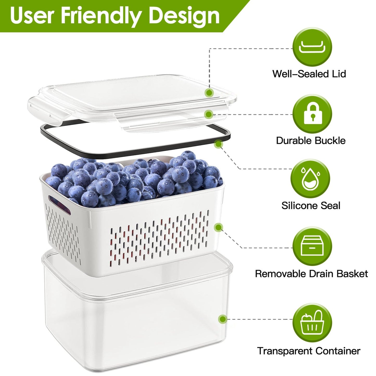 5Pcs Fruit Vegetable Containers with Removable Drain Basket Leakproof Lid Stackable Food Storage Organizer for Fridge Dishwasher Safe