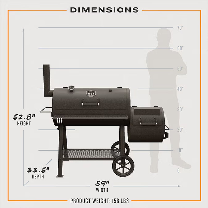 Offset smoker dimensions diagram showing height, depth, and width layout