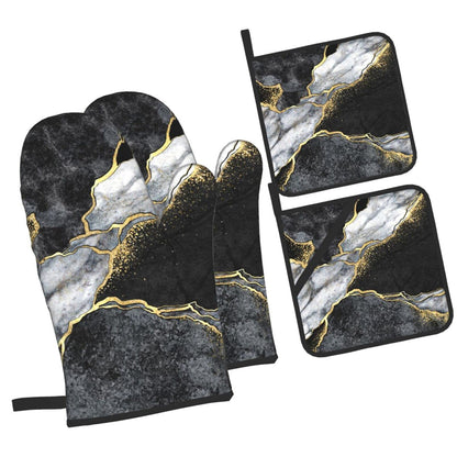 Heat-resistant oven mitt set: black gloves with white marble design and gold trim