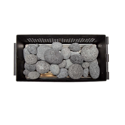 FireCan rocks in black metal firebox with vented grate
