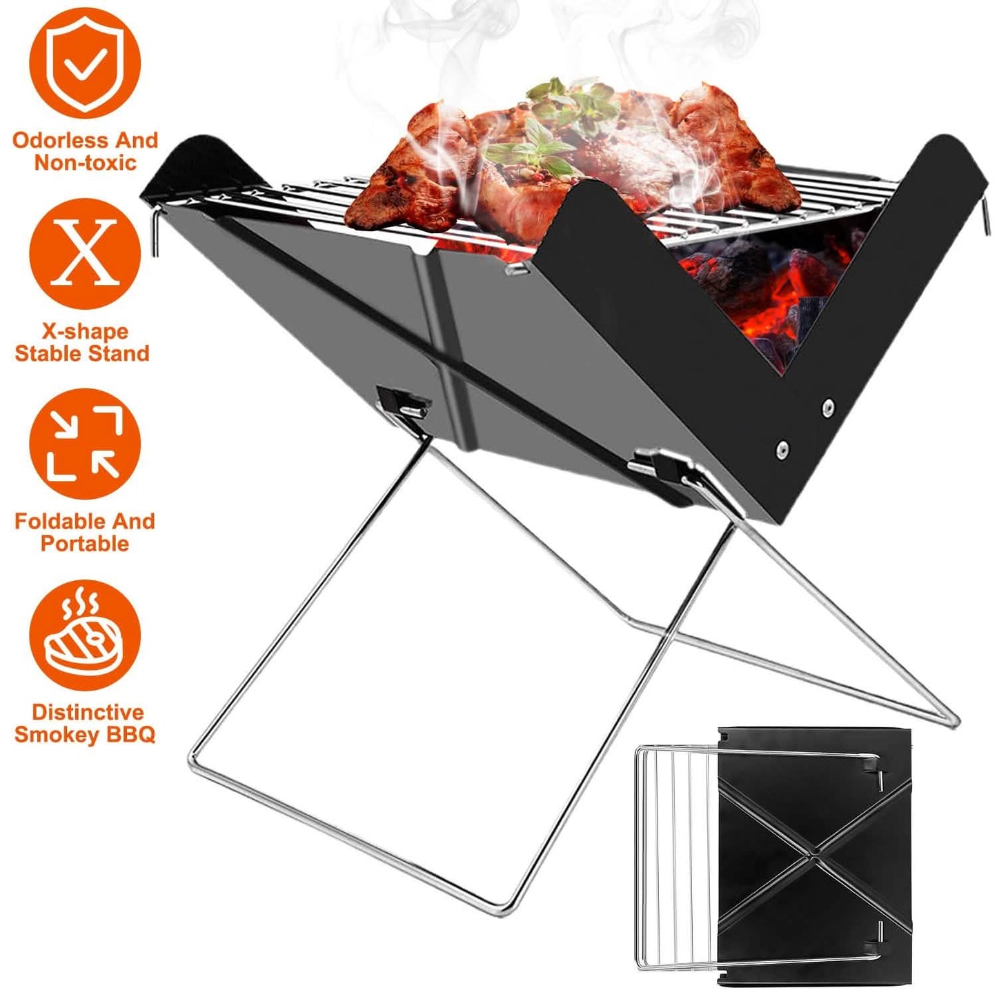 Foldable charcoal BBQ grill with X-shaped stable stand, steel grate, and folded storage base.